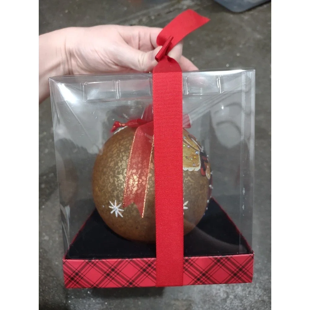 Bon-Ton Large Glass Christmas Ornament Hand Painted Angel Gold Speckle NIB